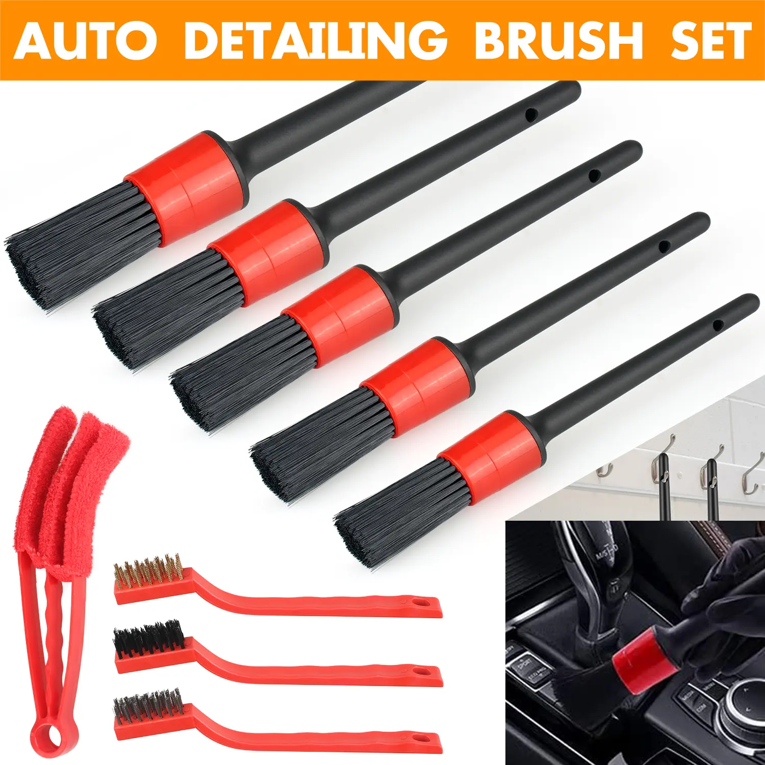 9Pcs Car Detailing Brush Set – Soft Detail Brushes + Wire Brushes + Vent Brush for Auto Interior, Dashboard, Engine, Wheel, Tire Cleaning Tools,Premium Cars Accessories & Practical Car Stuff