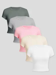 Basic Five-Color Tight-Fitting Round Neck Short Sleeve Top Set, Casual Commuter Inner Layer, Fall & Winter Fashion