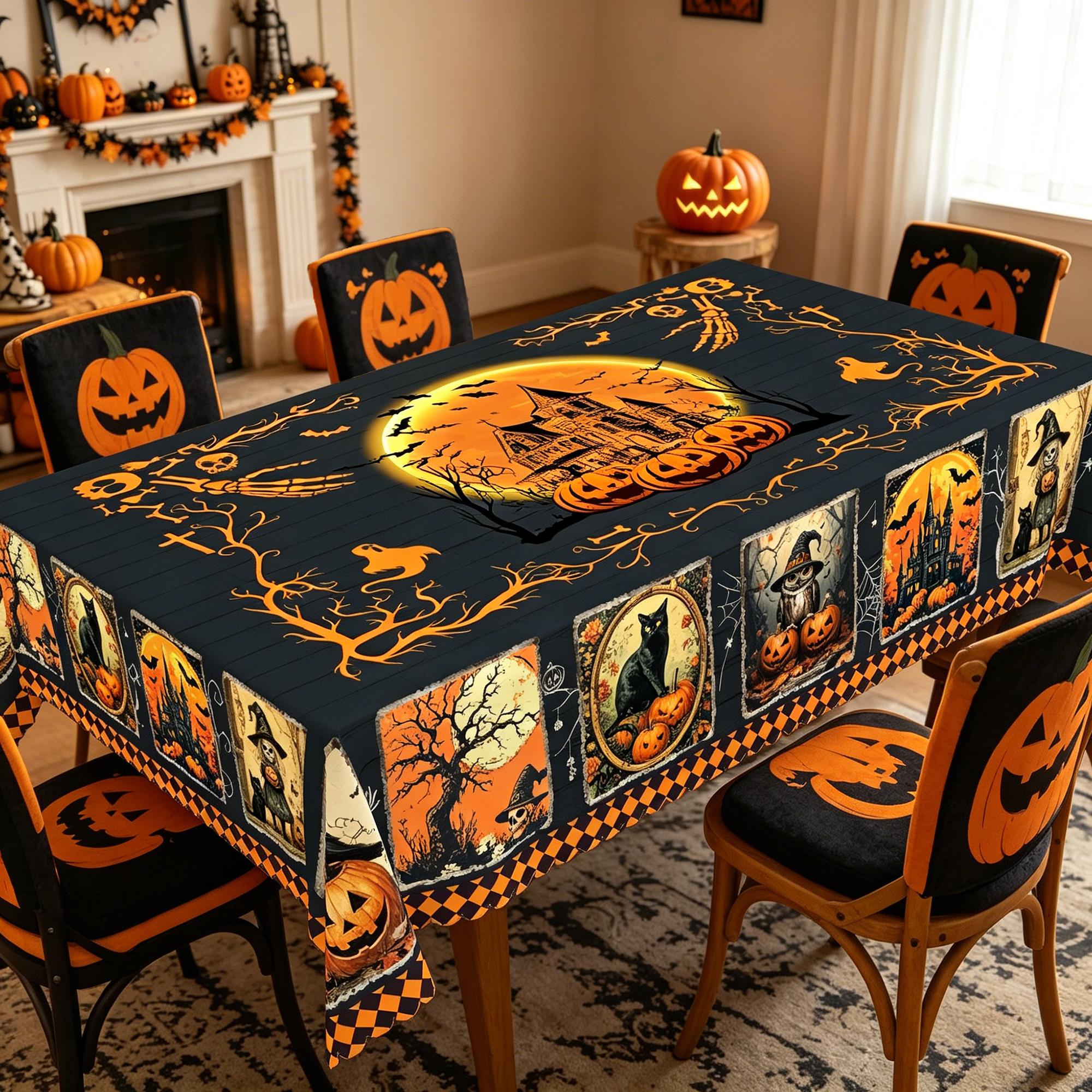 BOOPBEEP Halloween Printed Tablecloth - Vintage Farmhouse Style, Pumpkin & Black Cat Patterns, Rectangular/Round Dining/Kitchen Cover, Nostalgic Halloween Decor, Brunches Indoors Use, Holiday Gift, Pumpkin Ghost Pattern Kitchen Linen Sets, Decoration, Ind