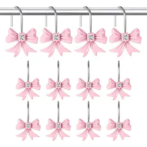 12 Pcs Bow Shower Curtain Hooks, Resin Pink Shower Curtain Hooks Rustproof Stainless Steel, Cute Bow Bathroom Decor for Babys Girls Bathroom Accessories