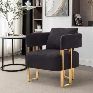 Modern decorative chair, living room side chair with gold metal legs, no wheels, suitable for dressing area, reception room, office,Teddy fleece upholstered metal foot sofa 2PCS （Black）