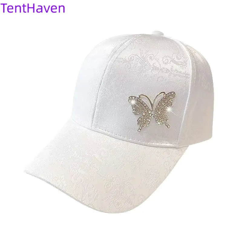Women's Funky Metallic Cotton Fitted Cap - Exquisite Rhinestone Butterfly Motif, All-Seasons UV Prevention Casual Sports & Outdoor Hat for Daily Fashion Wear