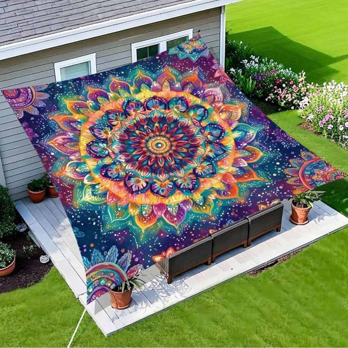Sun Shade Sail Mandala Bohemian Sun Shade Sail Canopy Waterproof UV Block Outdoor Shade Awning Easy Install Colorful Decorative Sun Cover for Backyard, Patio, Swimming Pool, Outdoor Camping