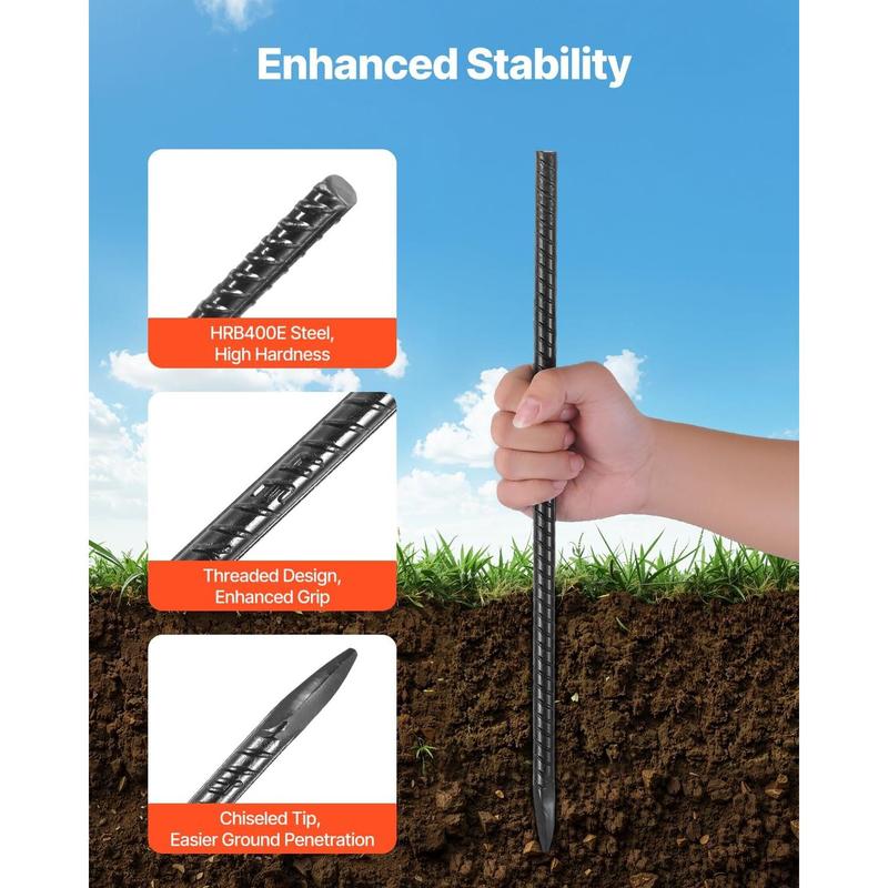 VEVOR Rebar Stakes, 16-Inch, Heavy-Duty 0.45 in Diameter, Straight Galvanized Steel Ground Anchors with Chisel Point End & Rust-Resistant Coating, for Gardening Support, Fence, Camping Tents (16-Pack)