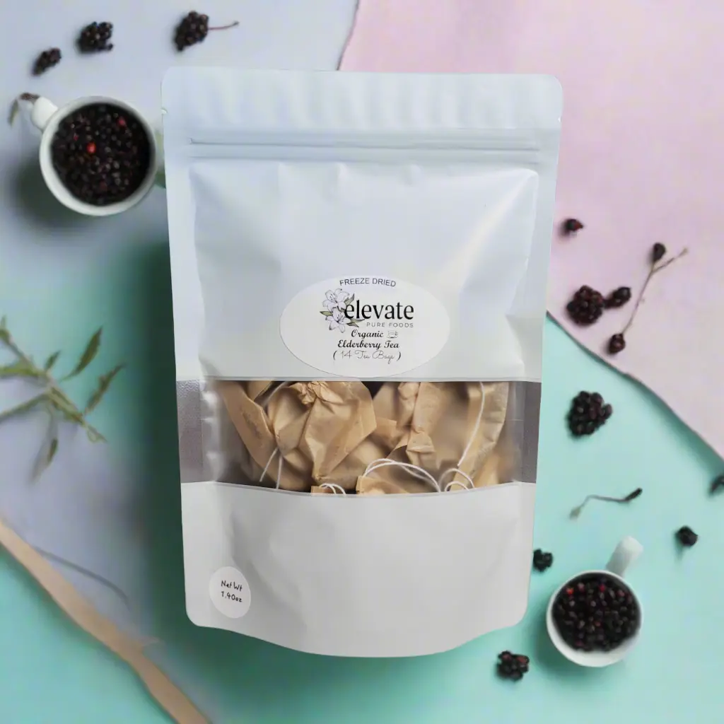 Elevate Pure Foods, Elderberry Tea, Organic Grown,  Freeze Dried Elderberry , Tea Bags, Non-Bitter Variety,  Beverage, Immune Boosting,