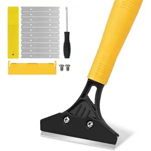 Heavy Duty Floor Scraper with 44.5" long handle, 4" Scraper Tool with 10 Replacement Metal ,  Scraper for Cleaning Gum Glass Wall Tile Glue Linoleum Stove Top