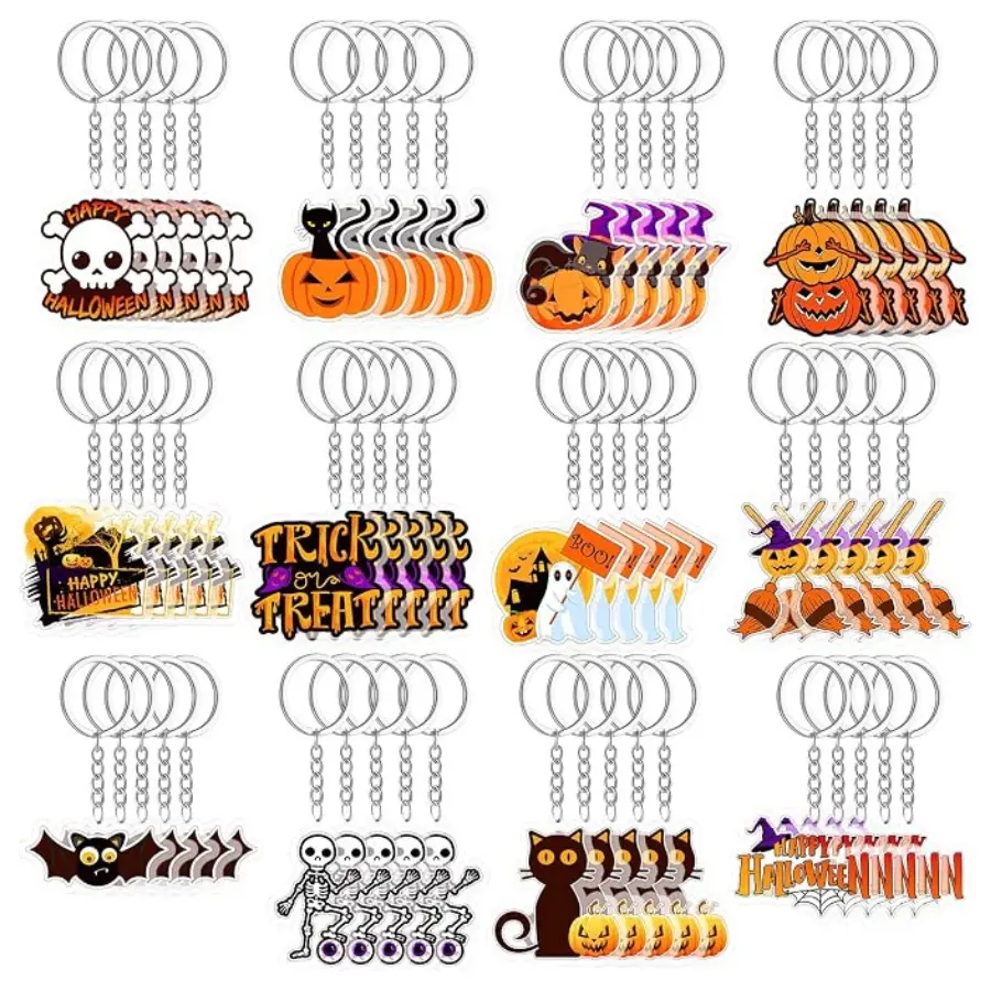 60Pcs Halloween Keychains Bulk – Skeleton, Ghost, Pumpkin, Bat & Cat Key Rings