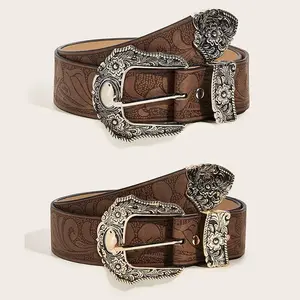 Western Brown PU Leather Vintage Belt Female Cowgirl Waist Belt with Metal Caved Buckle 3set Designer Belts for Women Jeans Gifts Fit Daily Wear