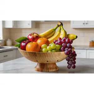 Ventilated Bamboo Pedestal Fruit Bowl, wooden countertop storage holder for fruits and vegetables. Stylish decorative serving bowl, perfect for kitchen display and gifting.   SURE