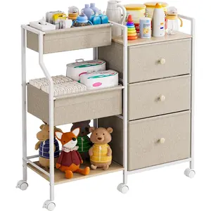 Baby Organizer and - 3 Tier Rolling Cart with Dividers and Drawers, Easy To Assemble, Mobile Cart with Wheels for Nursery, Bedroom, Changing Table & Crib,Off White