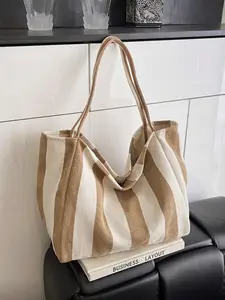 Vintage Korean Striped Canvas Handbag, Large Capacity Shoulder Bag, Perfect for Travel, School, Shopping, Beach, Women's Essential