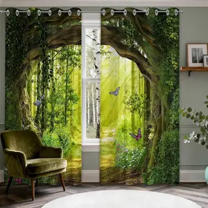 Enchanted Forest Blackout Curtains Patterned Tree Scenic Nature Green Spring Woodland Grommet Window Drapes for Bedroom Living Room Black Out 84 Inch Length 2 Panels Set, 84 X 52 Inch