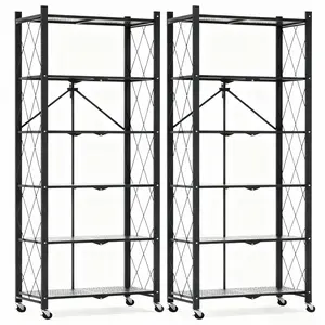 6-Tier Heavy-Duty Metal Storage Shelf with Wheels, 396 LBS Foldable & Portable Multi-Tier Utility Rack, Easy Assembly, Space-Saving Floor-Standing Organizer for Living Room Kitchen Garage Study Basment Practical Bookcase, 2 Pack