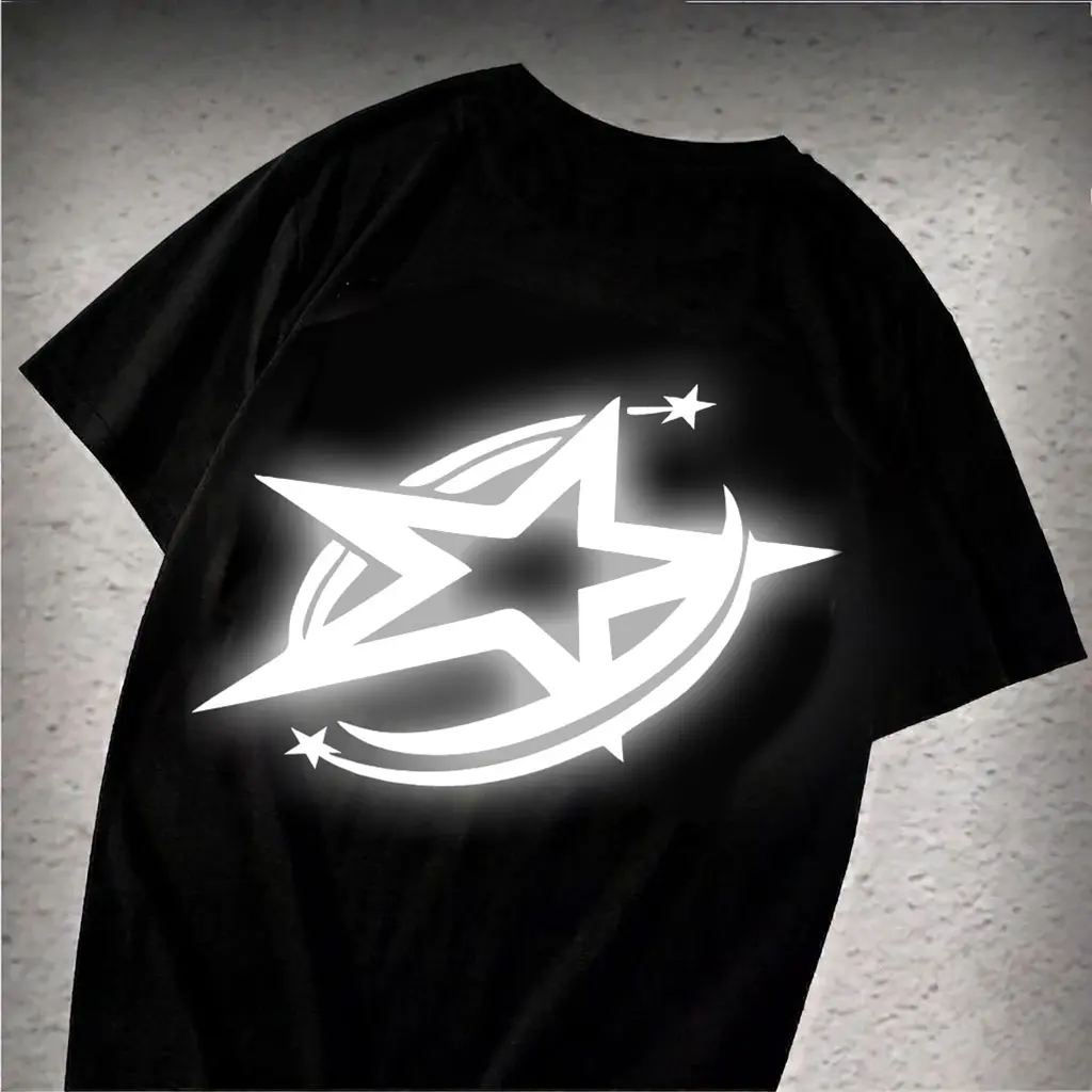 Black Reflective Graphic T-Shirt - Y2K Streetwear Regular Fit Crewneck Tee for Men & Women