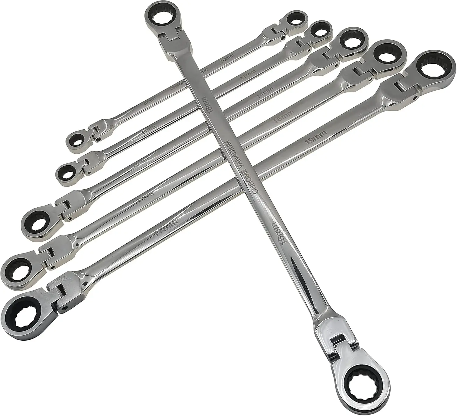 Metric 12 Sizes Extra Long Gear Ratcheting Wrench Set, 8mm-19mm, Made of Chrome Vanadium Steel, Rotatable