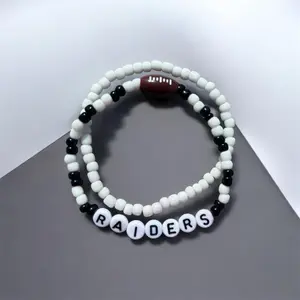 Raiders Beaded Football Bracelet Set - White & Black Beads with "RAIDERS" Letter Beads - Perfect for Sports Fans