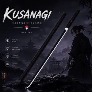 Anime Samurai Sword, Naruto Sasuke Kusanagi Blade, Solid Black Scabbard with Uchiha Emblem, Silver Edge Blade, Cosplay Costume & Display Collectible, New Upgrade