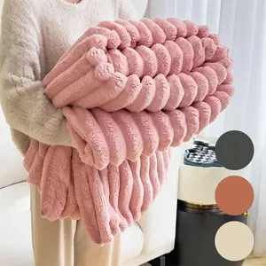 Solid Color Ribbed Bed Blanket, Soft Comfortable Warm Throw Blanket, Air Conditioner Blanket, Soft Comfy Blanket, Cozy Chic Blanket, Suitable for Bedroom, Sofa, Couch, Bed