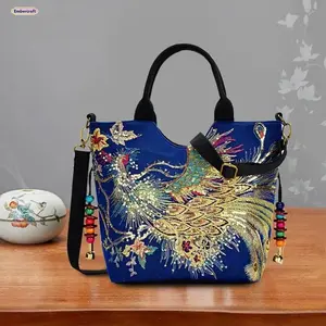 Boho Peacock Embroidered Canvas Tote Bag - Vintage Lightweight Shoulder Purse for Outdoor Travel, Aesthetic Hippie Casual Handbag, Unique Summer Beach Everyday Carry-All, Gift for Her