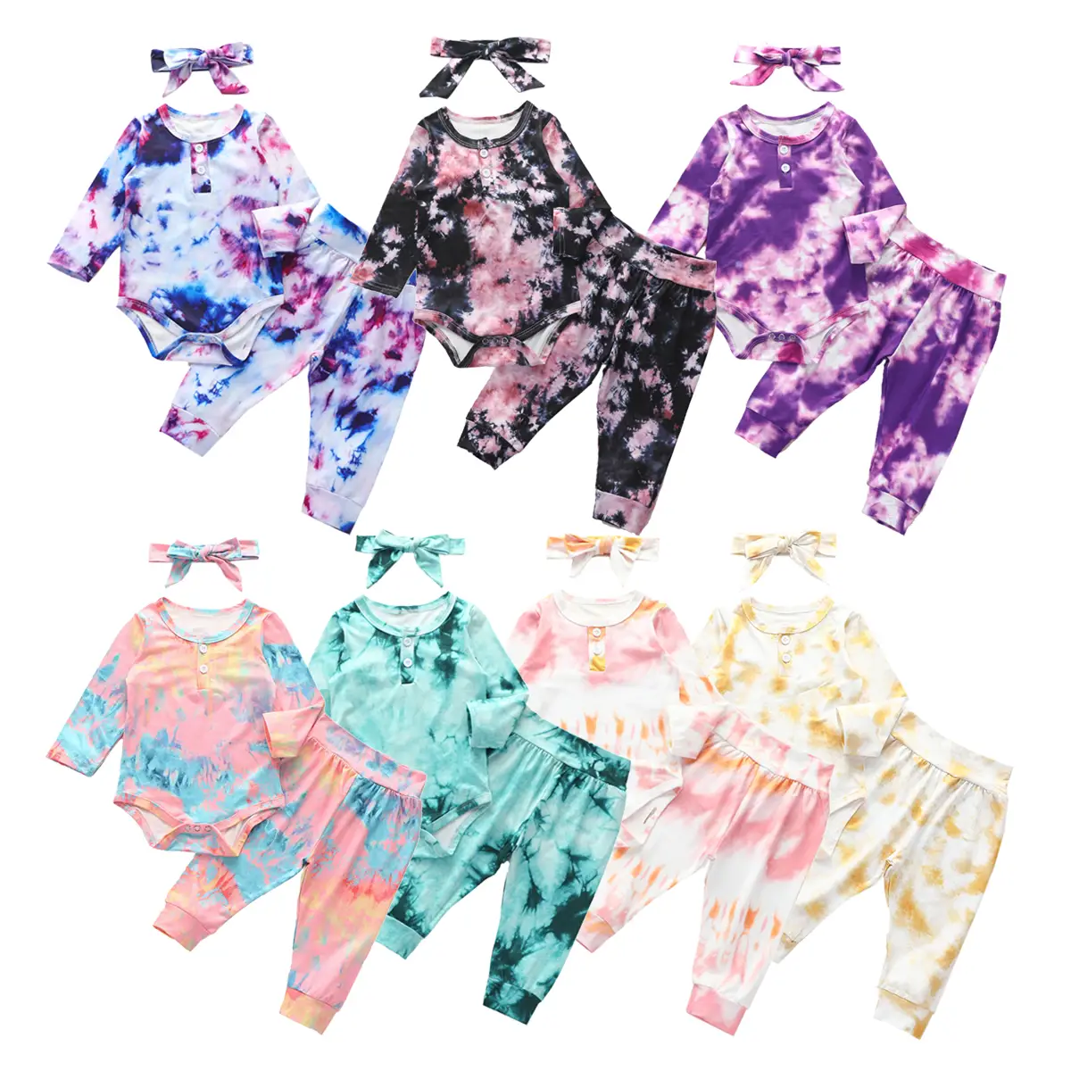 Newborn Baby Tie Dye Clothes Set, 3 Pieces Long Sleeve Romper Top+Printed Pants+Cute Headband