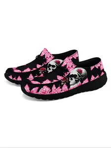 Women's Fashionable Floral & Skull Pattern Lace Up Low Top Sneakers, Casual Comfortable Breathable Sports Shoes, Walking Shoes, Female All-match Round Toe Shoes for Daily Wear