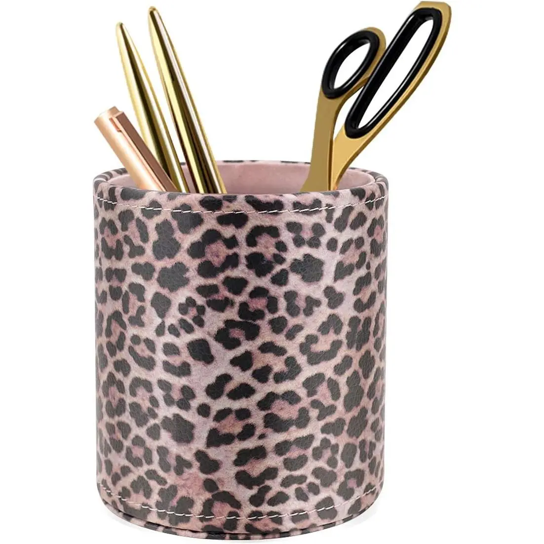 Pen Holder for Women Girls Desk Decor Pencil Cup for Decoration Durable Leather Desk Organizer Makeup Brush Holder, Classic Leopard