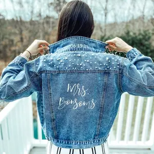 Bride jean jacket with pearls, Pearl jean jacket, bride jean jacket, Mrs Denim Jacket, Personalized Jean Jacket, Bride Jacket, Bridal gift,gifts for friends, relatives, family.