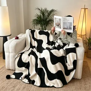 New Milk Fleece Blanket with Ball, and Wave Pattern, Soft Sheepskin Lining, Lightweight Warm Bed Cover, Perfect Gift