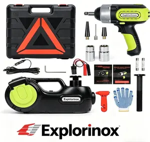 Explorinox  Electric Hydraulic Jack Emergency Tool Kit with Window-Breaking Hammer Anti-Slip Gloves Battery Clamps Electric Wrench