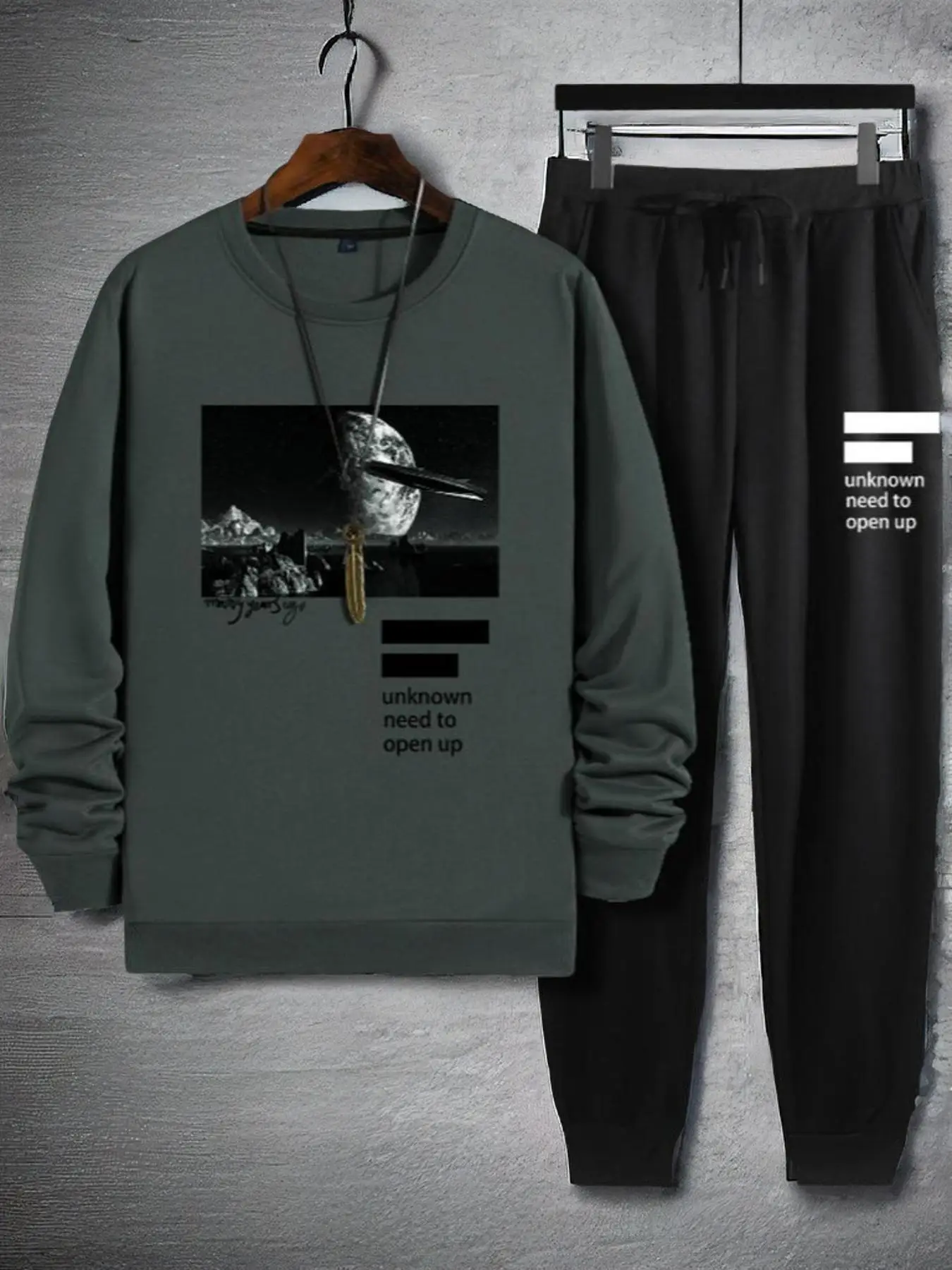 Two-piece Set Men's Simple Galaxy Letter Print Drawstring Pants Set, Regular Fit Casual Long Sleeve Round Neck Pullover & Pocket Jogger Pants, Outfit