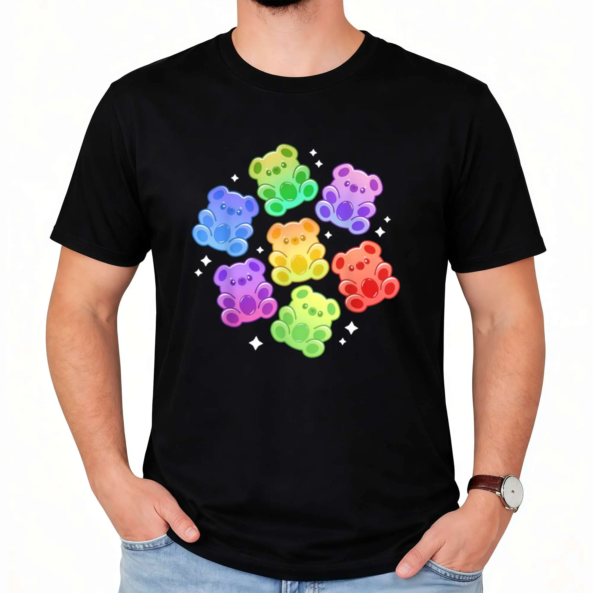 Kawaii Rainbow Gummy Bear T-Shirt for Men - Pure Cotton Cute Retro Graphic Tee with Gummy Bear Print, Unisex Casual Summer T-Shirt