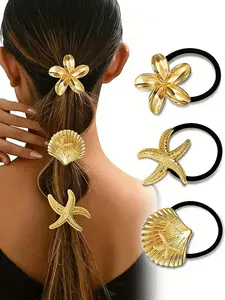 3-Pack Hair Ties, Elegant Durable Geometric Design, Elastic Non-Damaging Ponytail Holders, Ocean Pattern Styles, Fashion Essential, Elastic Hair Accessory, Scrunchie