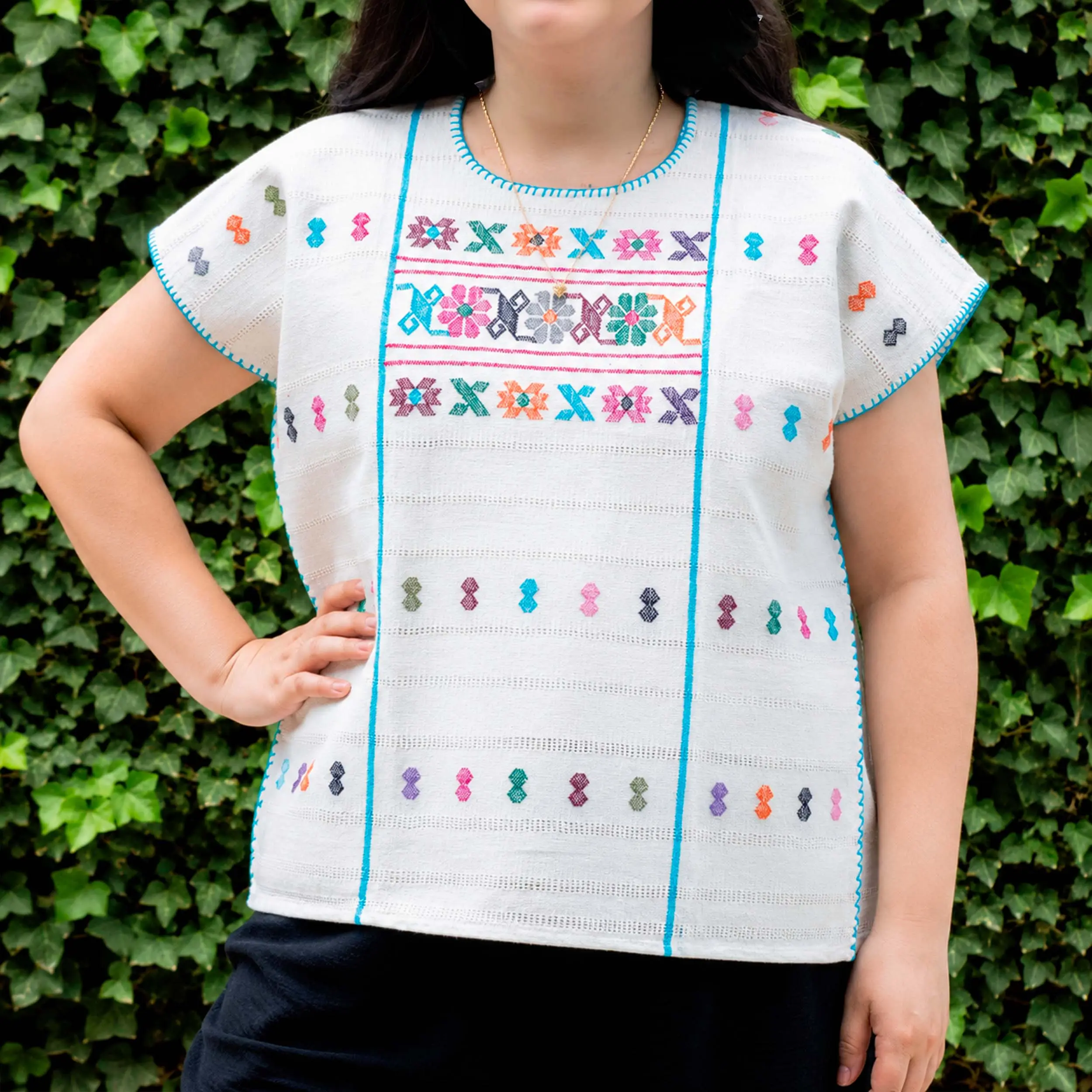 Women's Handwoven Huipil Blouse, Artisanal Backstrap Weave Cotton Top with Floral Pattern and Fringe, Casual Ready to Wear Tunic, Casual Wear, Elegant, Hole Neck, Boho Pattern Blouses & Shirts, Loose-Fit, Traditional, Sleeveless, Handweaved, Tunic Length,