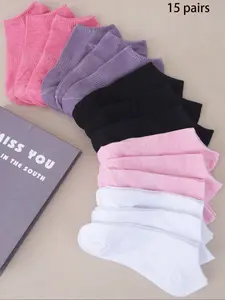 Women's Mixed Color Short Striped Socks, Couple Matching Casual Fashion, All-Season Versatile Simple Cute Fitted Socks, 15 Pairs, Comfortable Daily Wear, Casual Comfy Socks