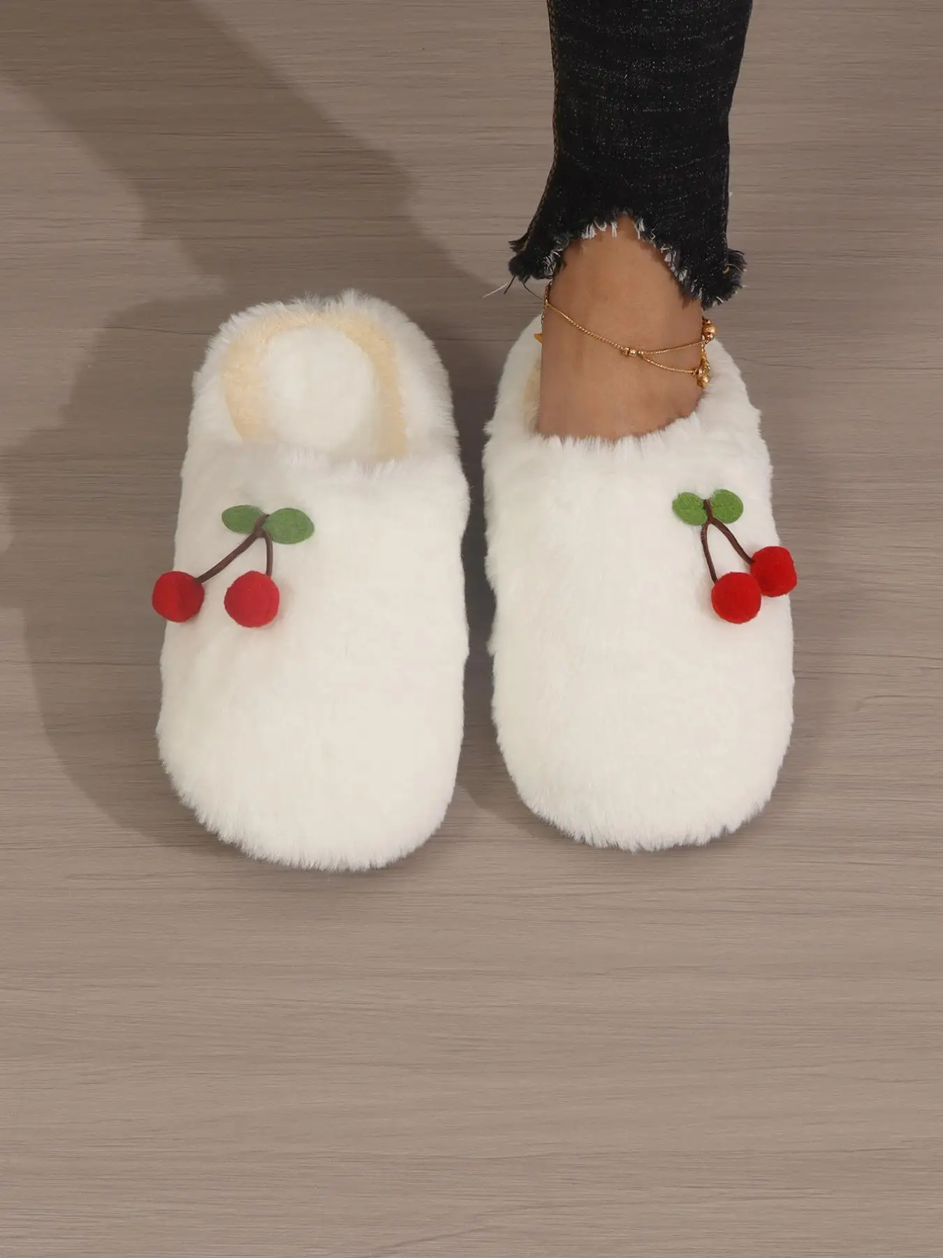 Women's Cute Cherry Design Plush Slippers, Fashion Fluffy Soft and Comfortable Bedroom Slippers for Fall & Winter, Casual Round Toe Indoor Warm Slippe