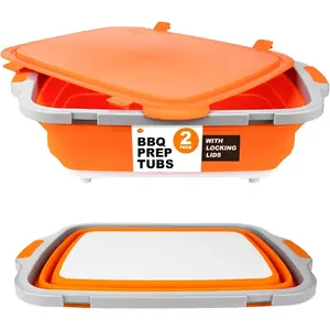 Collapsible BBQ Prep Tubs 2- Set- For Meal Prep Marinating  Storage - Includes  Board & Lid - (2) XL - Orange