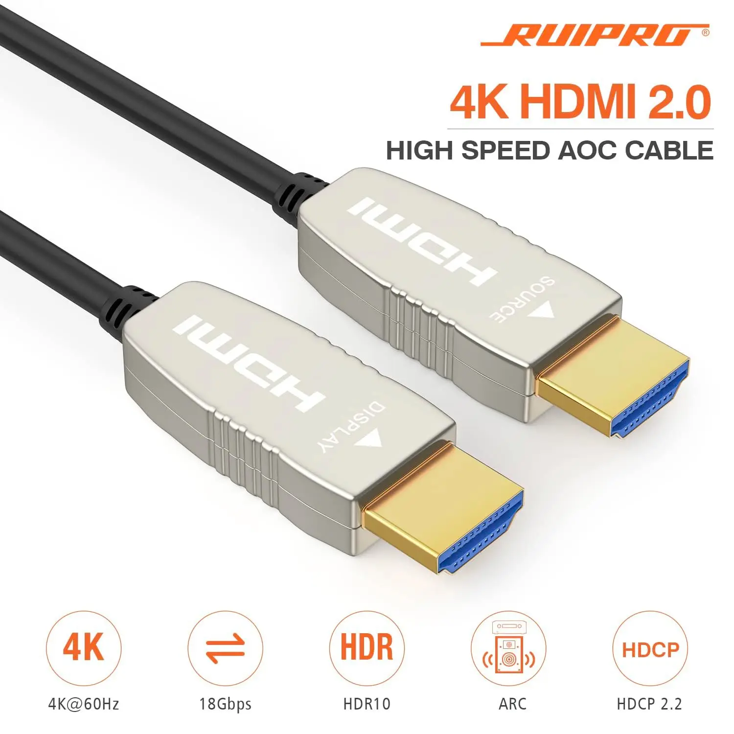 RUIPRO 4K HDMI 2.0b Fiber Optic Cable – 4K@60Hz HDR ARC, Ultra Slim, No Signal Loss Over Long Distance, Reliable for 4K Gaming & Home Theater, Better Than Copper
