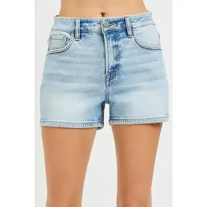 Women's Stretch Denim Mini Shorts - Effortless Cool Embroidered Stitched Bottoms, Polyester-Cotton-Spandex Blend, Comfortable Fit, With Pockets, Effortless Shorts