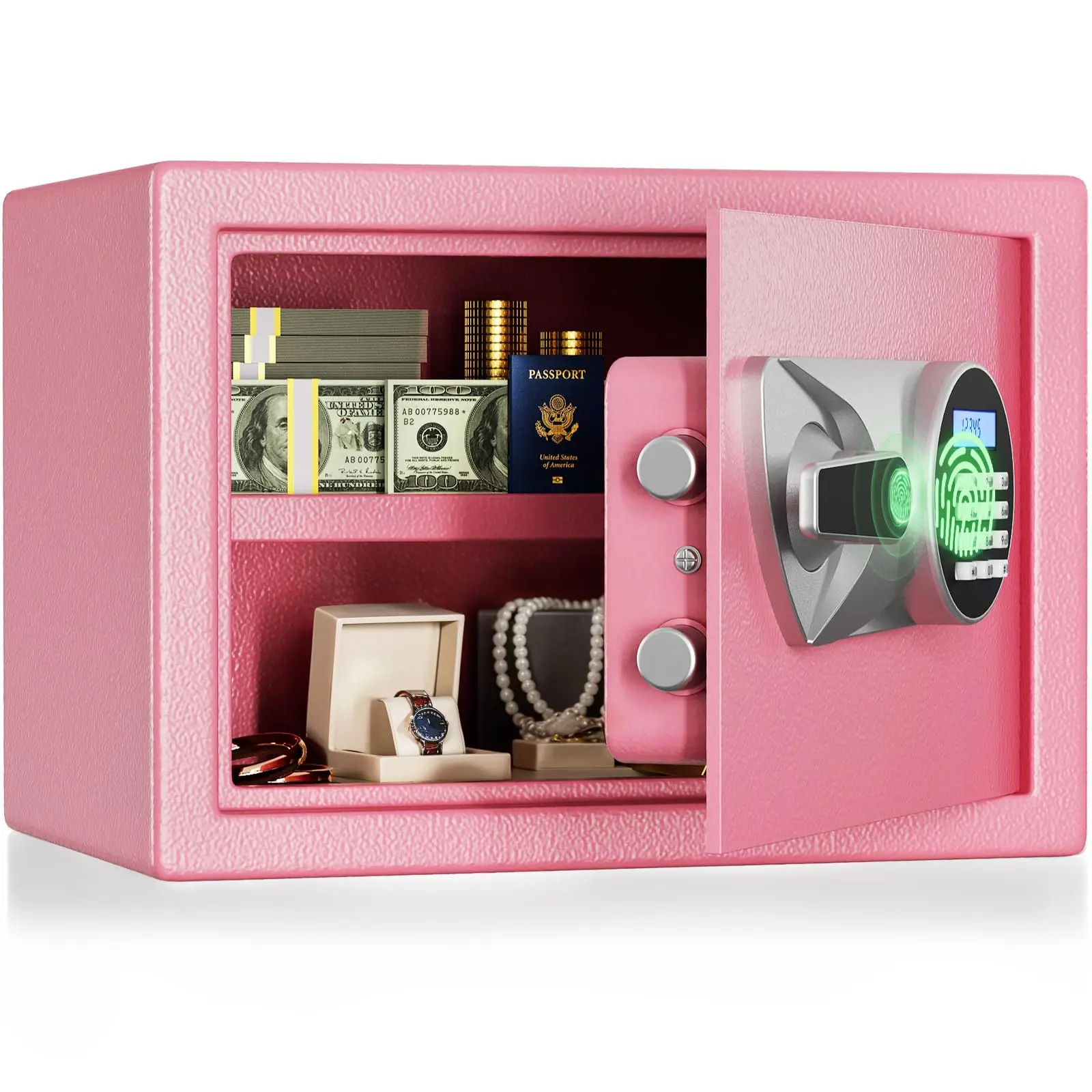 1.0 Cub Pink Home Biometric Safe Quick Access Fingerprint Lock Box With Keys Keypad Wall Mount Cabinet Safe Secure Money Jewelry with Fireproof Bag Mute Mode LED Light, Pink