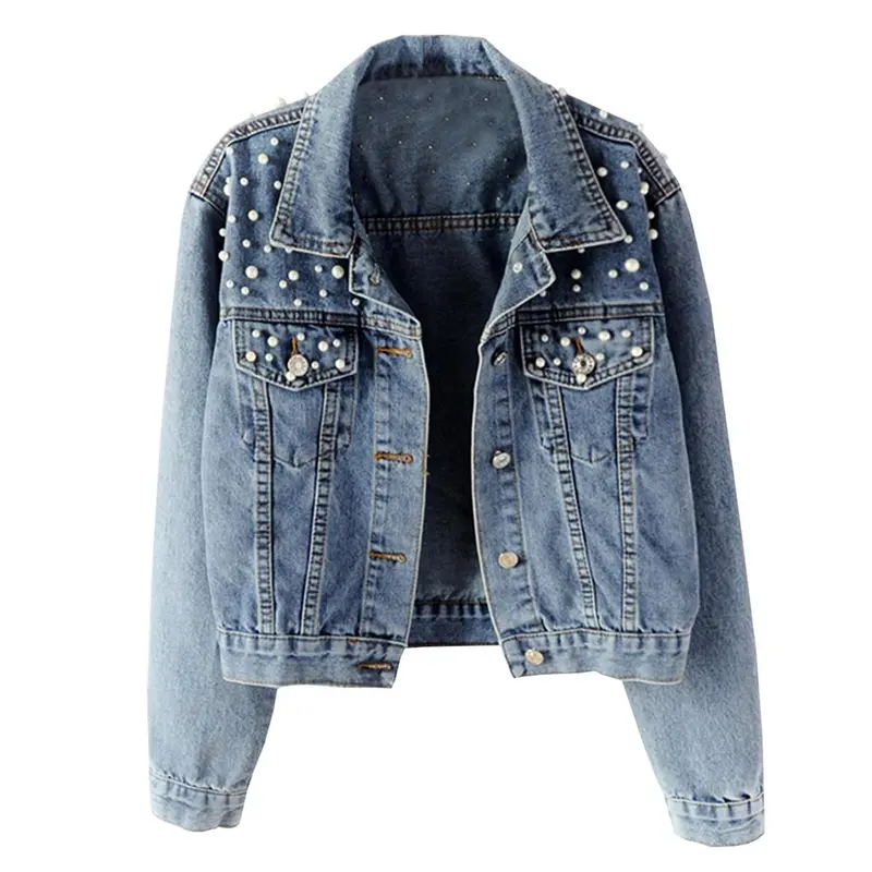 Hixiaohe Women's Cute Cotton Fabric Loose Embroidered Pearls Beaded Boxy Cropped Denim Jean Jacket, with Patch Pocket, Ideal for Party, Back to School Shopping