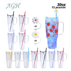 AGH 10/12pcs 30oz Double Wall Plastic Handle Tumblers Snow Globe Acrylic Car Mugs with Color/Clear Lids & Straw Topper for Glitter Gifts Portable Reusable