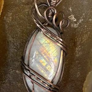 Copper Wire Wrapped Moonstone Pendant with Intricate Design and Natural Stone for Unique Jewelry