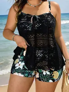 Swim Lushoire New Plus Size Women Floral Print Spaghetti Strap Top And Fitted Shorts 2 Pieces Swimsuit, Vacation Casual