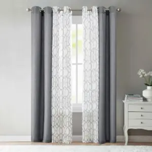 Mainstays Kingswood Solid and Printed Sheer Grommet Curtain Panel Set, 4 Piece, Gray Flannel, 27.5" W x 84" L