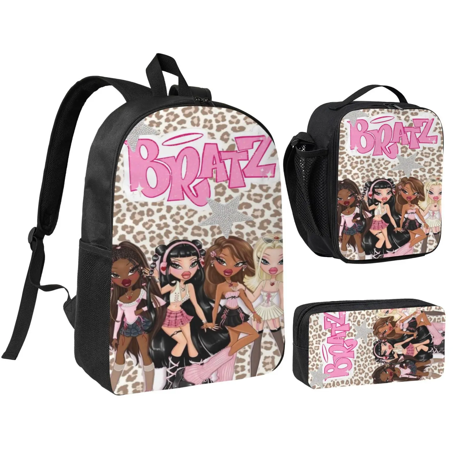 3PCS BRATZ Stain-Resistant Backpack Set for Boys Girls Durable Cartoon School Bag with Matching Lunch Box and Pencil Case Casual Bookbag Perfect for Holiday Gifting Camping Excursions and School Field Trips
