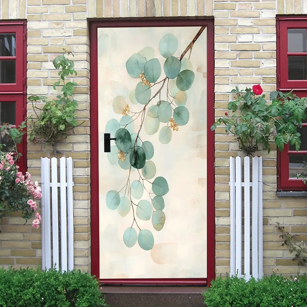 2pcs Eucalyptus Leaf Wall Stickers Modern Minimalist Home Decor Self Adhesive Removable Decoration for Bedroom Living Room Wall Art Fresh Green Plant Pattern Door Stickers Home Decor Accessories