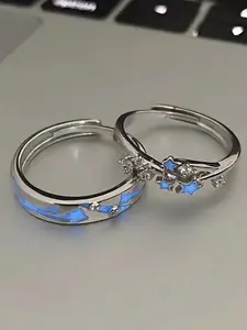 Blue Night Glow Promise Ring Set, Couple Matching Meteor Shower Rings, Glowing Wedding Anniversary Gift for Him & Her