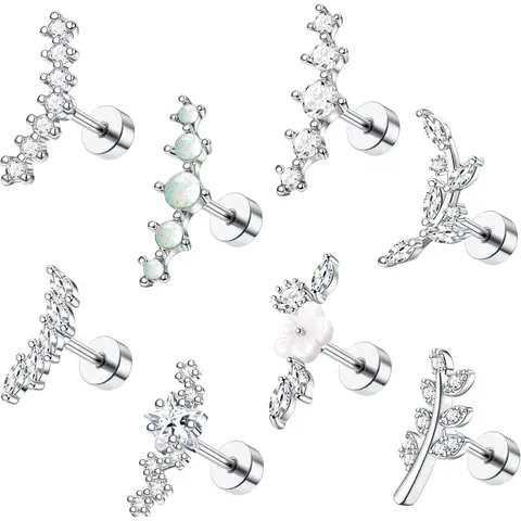 Fashionable Artificial Zircon Decor Earring Stacking Set, Casual Trendy Jewelry, Rhinestone Earrings, Stainless Steel Studs Earrings, Flat Back Cartilage Conch Helix Piercing Jewelry for Women, Earring Pack