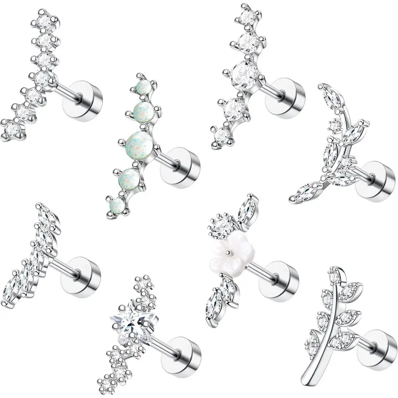 Fashionable Artificial Zircon Decor Earring Stacking Set, Casual Trendy Jewelry, Rhinestone Earrings, Stainless Steel Studs Earrings, Flat Back Cartilage Conch Helix Piercing Jewelry for Women, Earring Pack