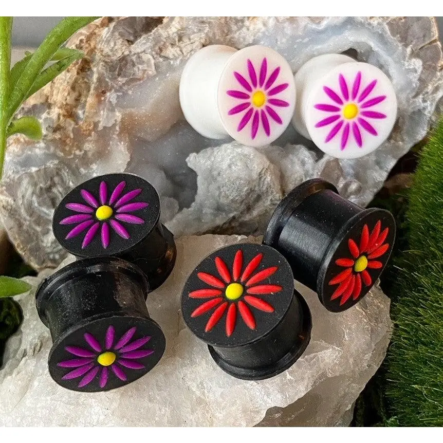 ALL 4 PAIR Silicone Plugs w/ Raised Flower Earlets Gauges Tunnels Body Jewelry